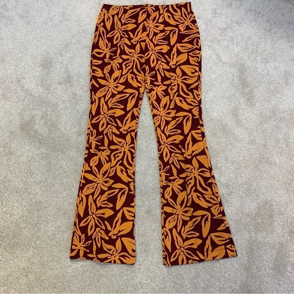 Zara red orange flared floral tropical Jacquard stretchy pants Sz L - Picture 5 of 12